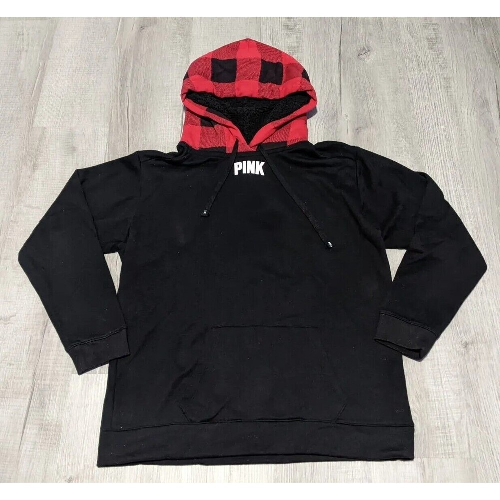 Victorias Secret PINK Pullover Black Hoodie Red Buffalo Check Hood Women's Sz M